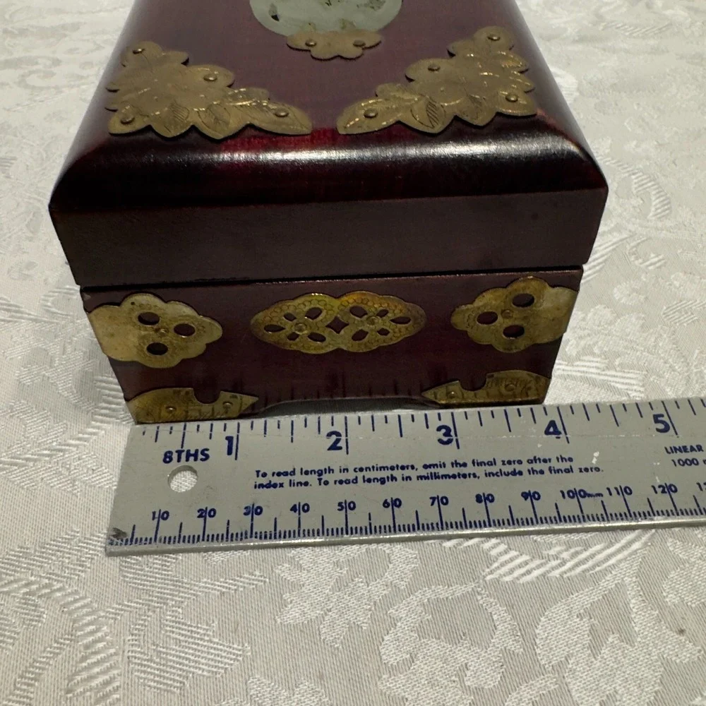 Vintage Chinese Carved Jade Stone & Rosewood Brass Pink Silk Lined Jewelry Box